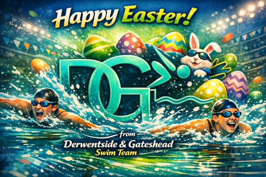 Happy Easter from Derwentside and Gateshead Swim Team - swimmers in the pool with Easter eggs and a bunny
