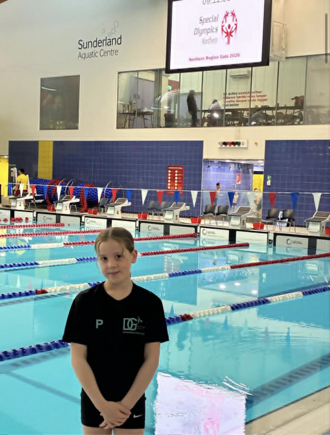 Jessica in her D&G kit poolside at the Special Olympics Northern Region Gala 2026, Sunderland Aquatic Centre