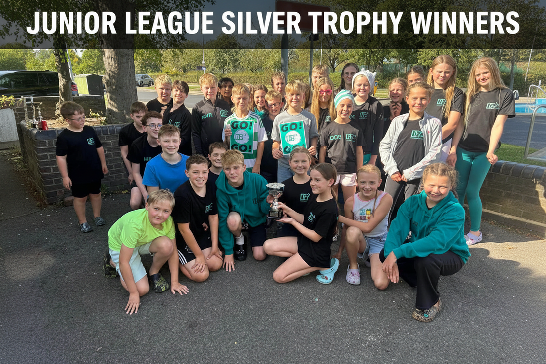 D&G Junior League swim team at Billingham Forum with text reading Junior League Silver Trophy winners